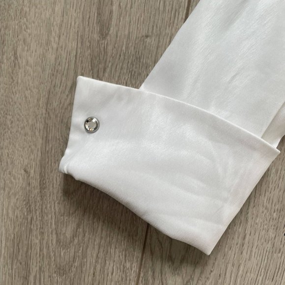 Tadashi Ruched Zip Back Collared Pin Tuck Top Women's White Cuff Sleeves Solid - Picture 5 of 7